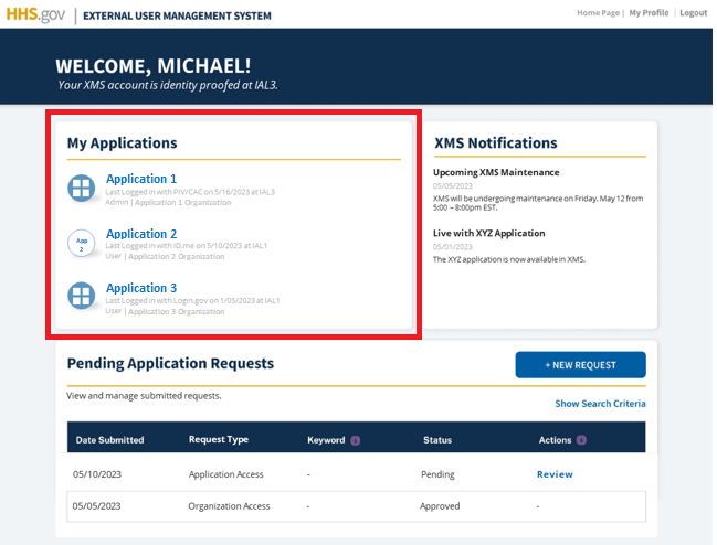 XMS user dashboard with 'My Applications' section highlighted