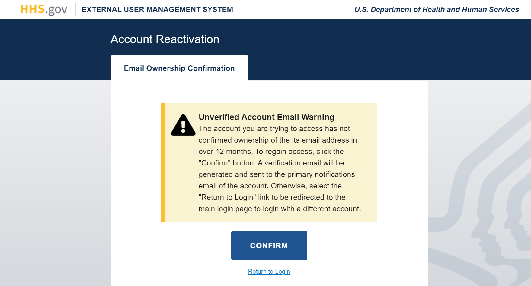 Unverified Account Email Warning message