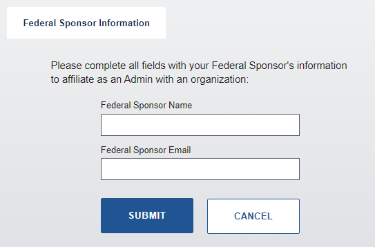 Organization Administrator Registration form with the Federal Sponsor name and emails entry fields highlighted