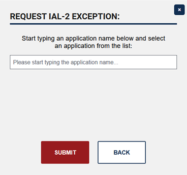 Request IAL-2 Exception pop-up window
