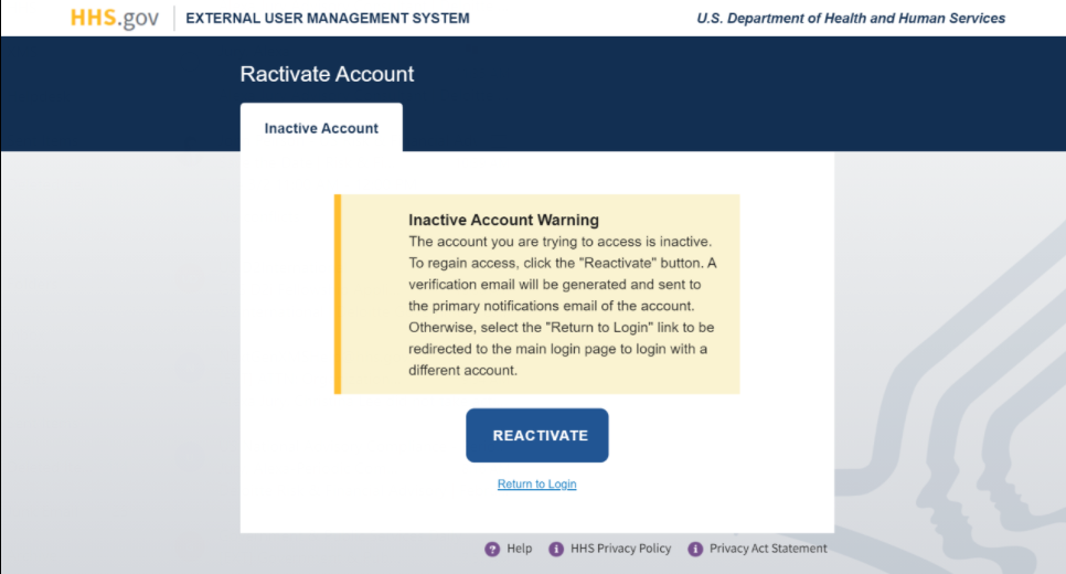 Reactivate Account page - Inactive Account Warning
