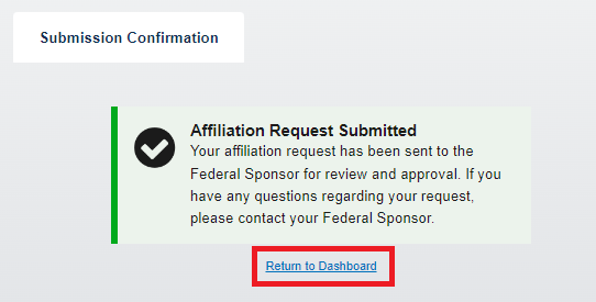 Registration Request Submitted confirmation with the 'Return to Dashboard' link highlighted