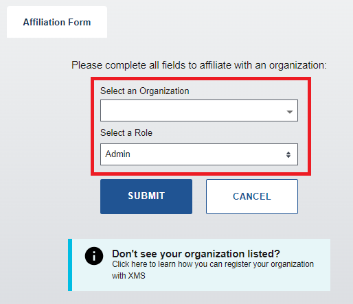 Organization Affiliation form with the organization and role drop-down lists highlighted