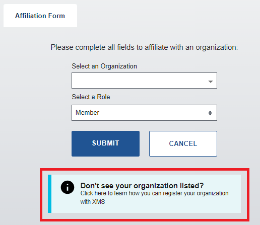 Organization Affiliation Form for Admins with the 'Don’t see your organization listed?' infobox highlighted