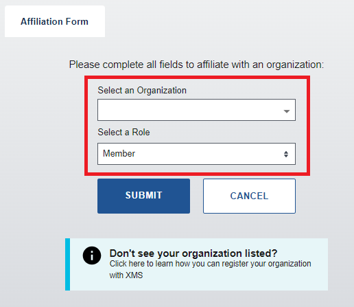 Organization Affiliation form with the organization and role drop-down lists highlighted