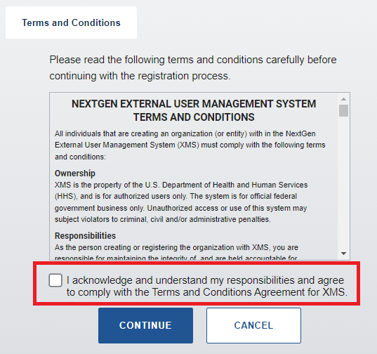 Registration Terms and Conditions page with the acknowledgement checkbox highlighted