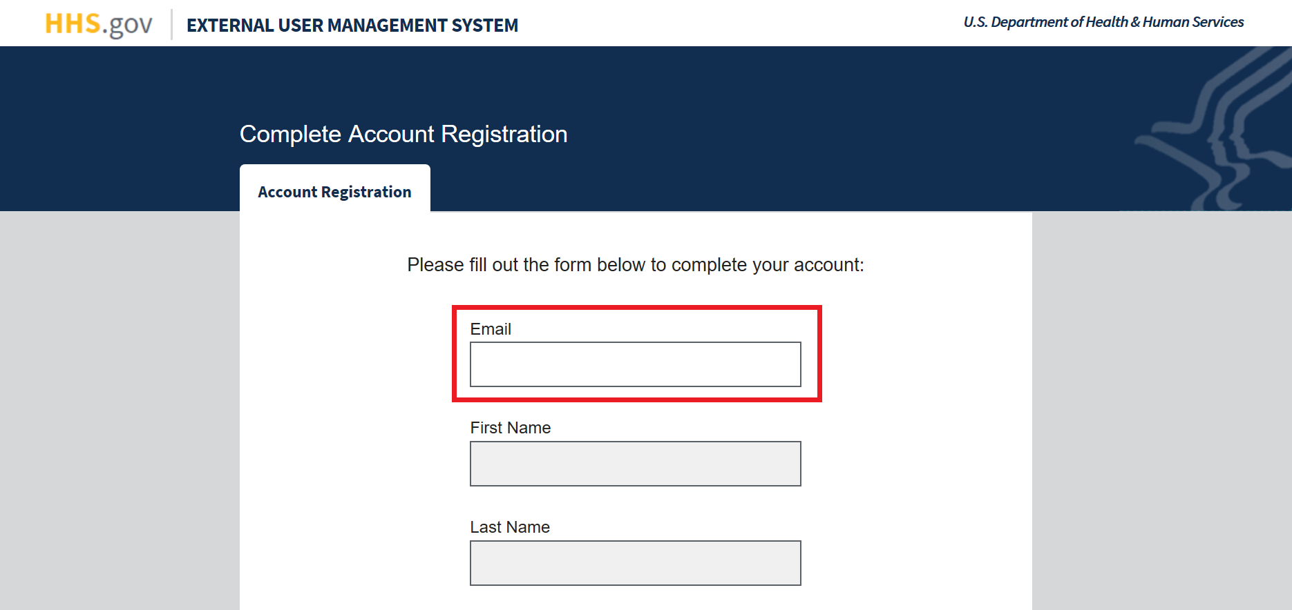 Complete Account Registration page with the 'Email' entry field highlighted