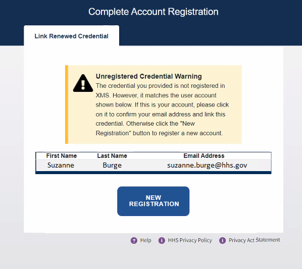 Link Renewed Credential page - Unregistered Credential Warning