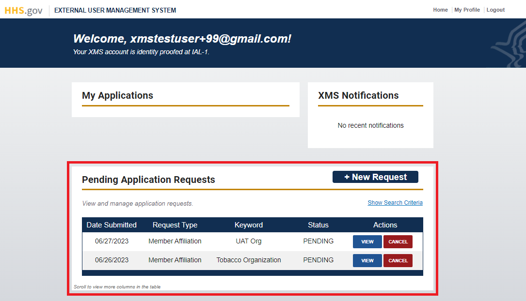 MS user dashboard with 'Pending Application Requests' section highlighted