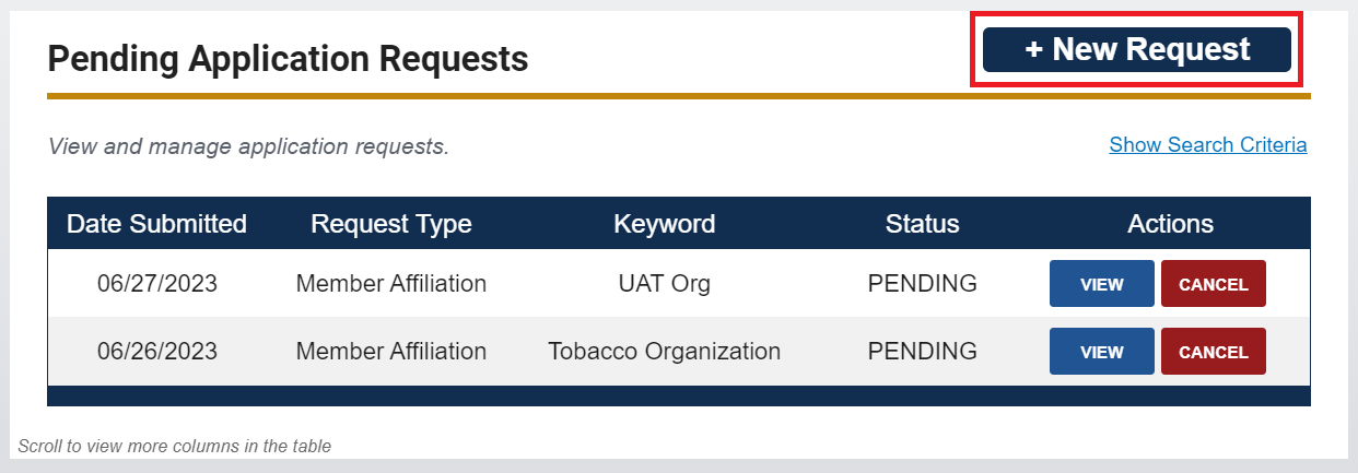 Pending Application Requests Section and New Request button