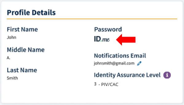Profile Details with ID.me logo highlighted under 'Password'
