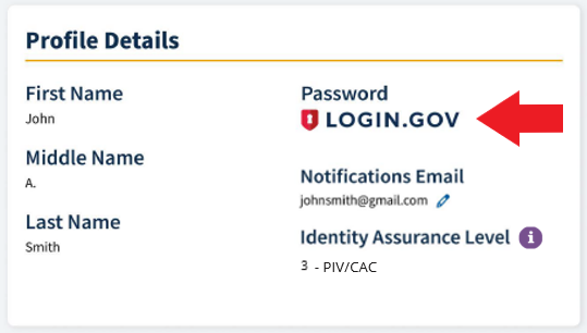 Profile Details with Login.gov logo highlighted under 'Password'