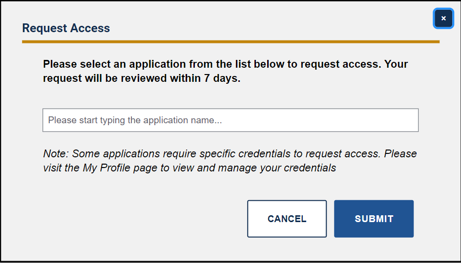 Request Application Access section with the application drop-down and 'Submit' button highlighted