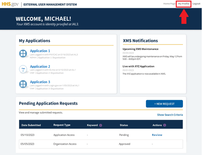 XMS user dashboard with 'My Profile' link highlighted