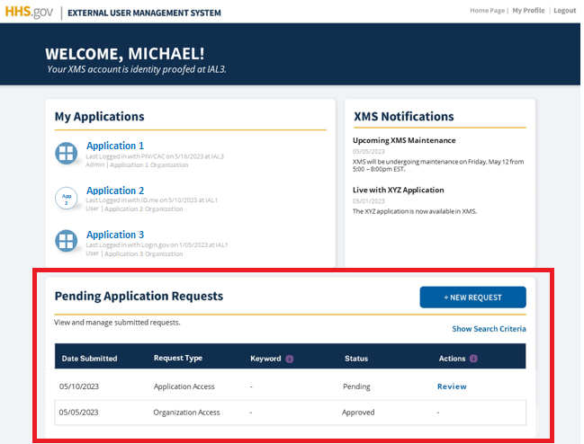 XMS user dashboard with 'Pending Application Requests' section highlighted