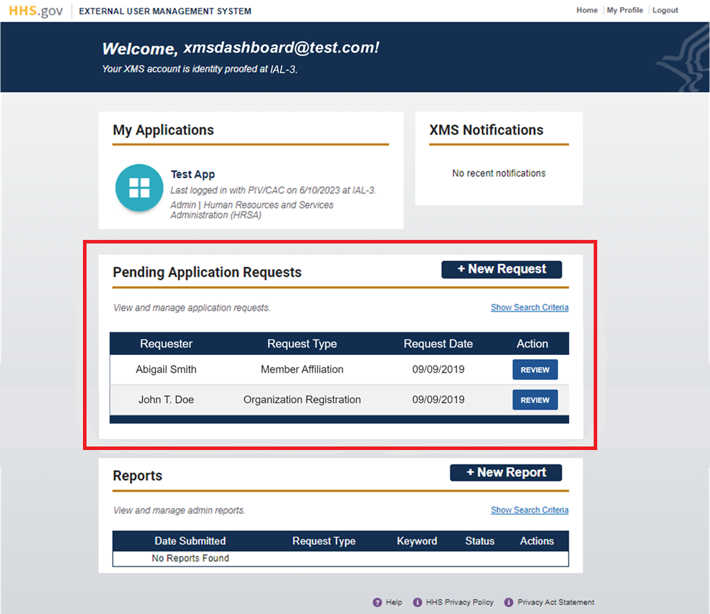 XMS user dashboard with 'Pending Application Requests' section highlighted