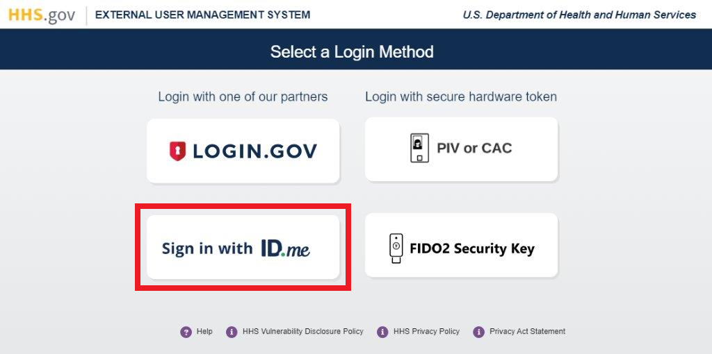 XMS login page with the 'Sign in with ID.me' login button highlighted