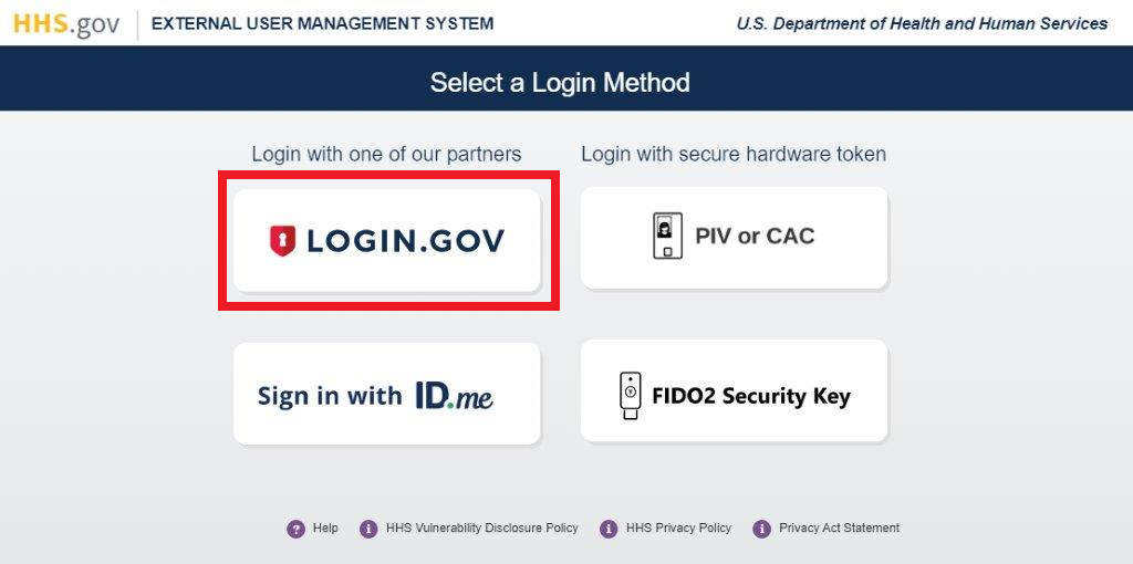 XMS login page with the 'Login.gov' login button highlighted