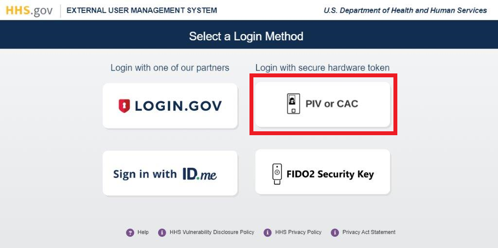 XMS login page with the 'PIV or CAC' login button highlighted
