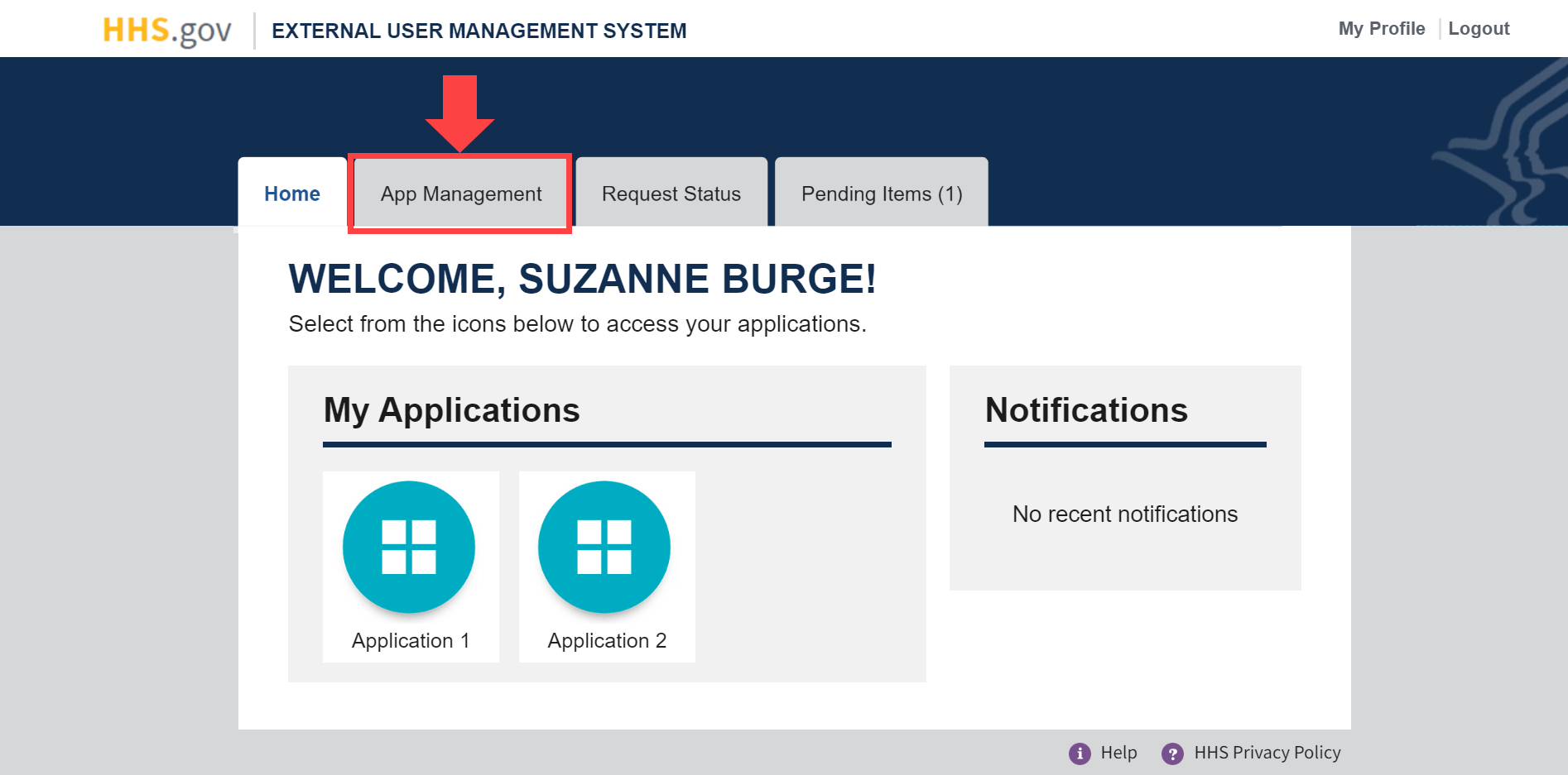 XMS user dashboard with 'Application Management' tab highlighted