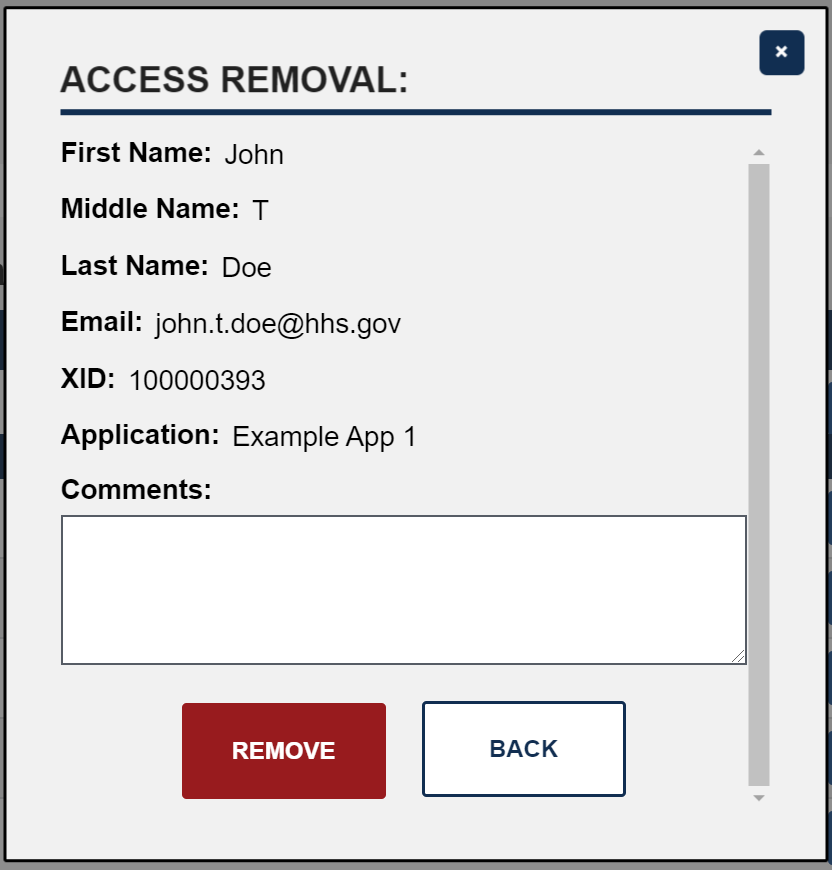 Access Removal pop-up window