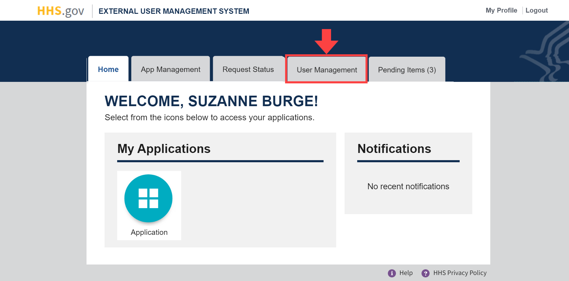 XMS user dashboard with 'User Management' tab highlighted