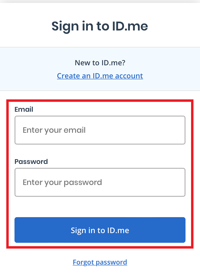 ID.me sign in page with credentials entry fields and 'sign in to ID.me' button highlighted