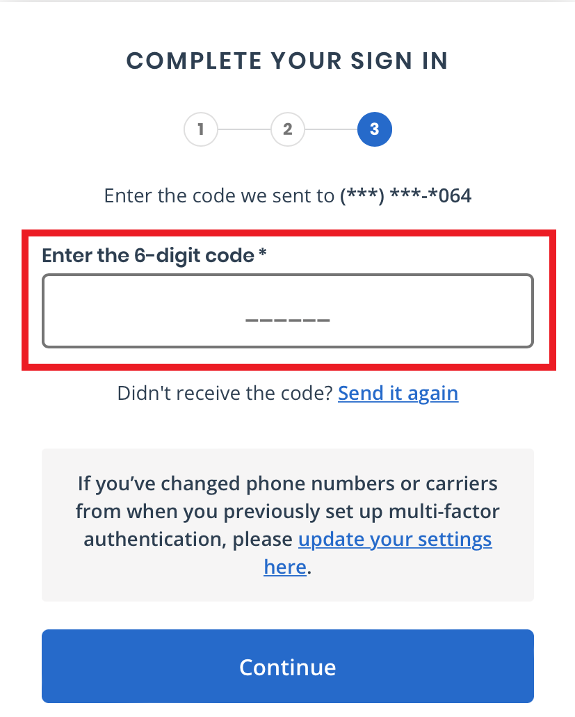 ID.me Security Code page with the 'Enter the 6-digit code' field highlighted