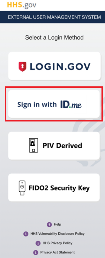 XMS mobile login page with the 'Sign in with ID.me' login button highlighted