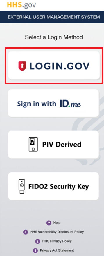 XMS mobile login page with the 'Login.gov' login button highlighted