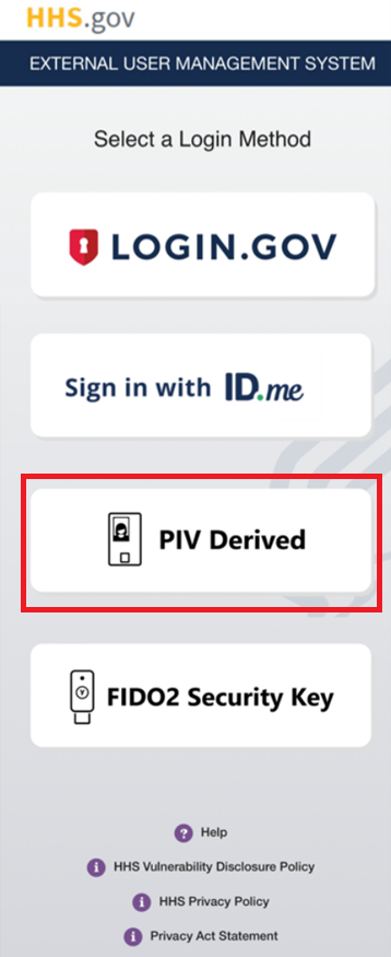 XMS mobile login page with the 'PIV Derived' login button highlighted
