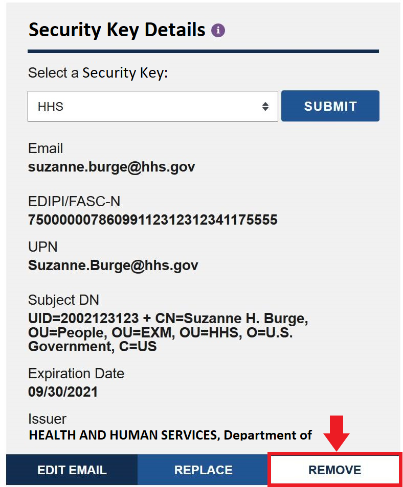 Security Key Details with 'Remove' button highlighted