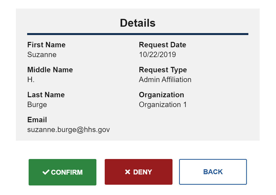 Admin Affiliation Request Details page