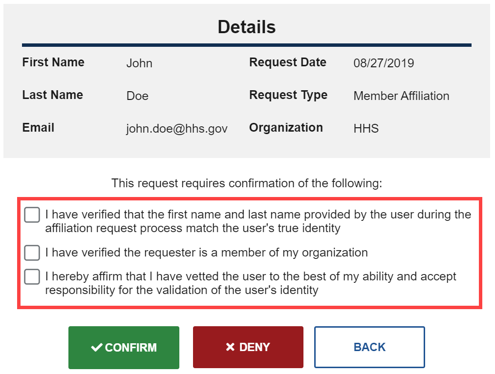 Member Affiliation Request Details page with three checkboxes highlighted