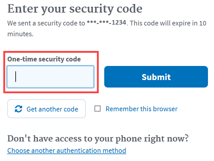 Login.gov Enter your security code page with the 'One-time security code' entry field highlighted