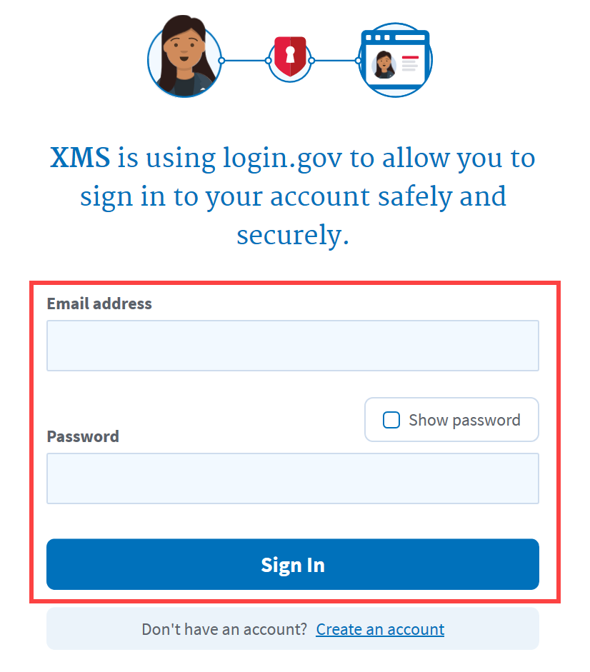 Login.gov sign in page with credentials entry fields and 'sign in' button highlighted